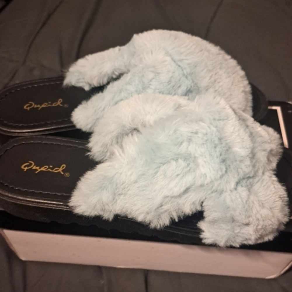 Grunge Light Blue Faux Fur Platform Slide Sandals LIKE NEW
